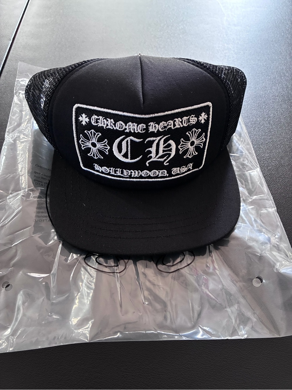 Chrome Hearts Black Mesh Trucker Cap with White Embroidered Patch
